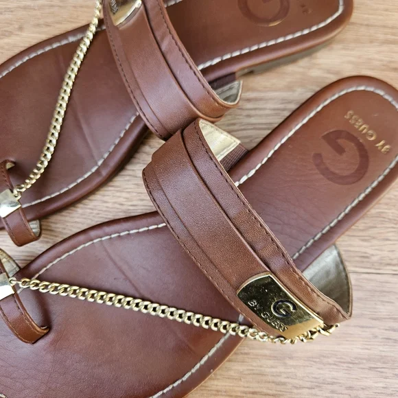 G By Guess Brown Leather Sandals with Gold Chain Size 8 - Picture 5 of 16